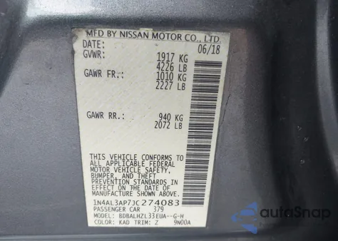 2018 Nissan Altima 2.5 Sr from USA, damaged, VIN 1N4AL3AP7JC274083